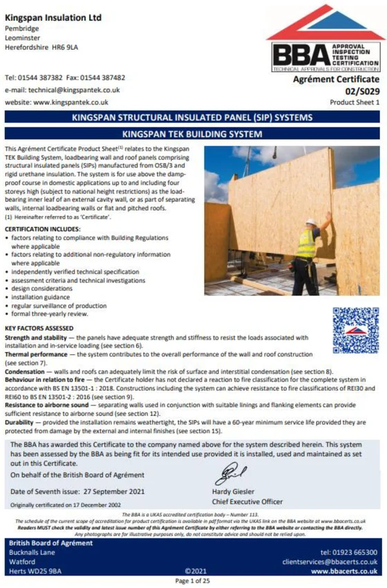 British Board of Agrément certificate 02/S029, product sheet 1, for Kingspan Structural Insulated Panel (SIP) Systems, the Kingspan TEK Building System.