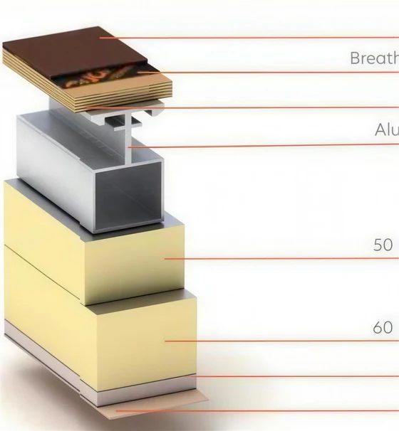 Exploded diagram of the assessed flat roof build-up, from the breathable membrane and aluminium trim down through the insulation layers.