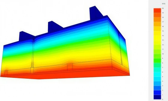 Thermal model output showing predicted temperatures through the flat roof, graded from red at the warm inner face to blue at the cold outer face.