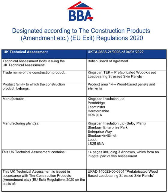 UK Technical Assessment UKTA-0836-21/0006 of 4 January 2022, issued by the British Board of Agrément for Kingspan TEK prefabricated wood-based loadbearing stressed skin panels.