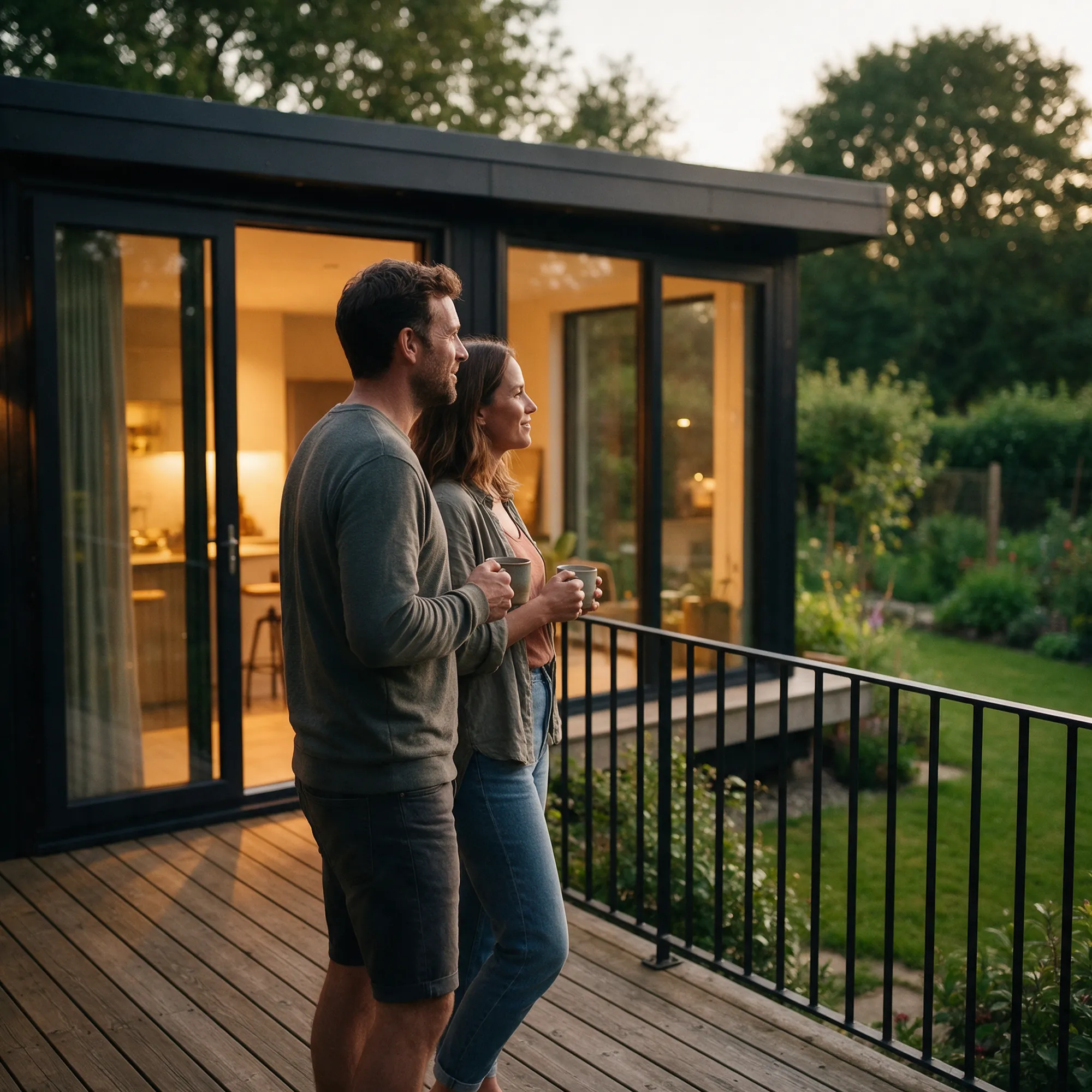 A couple on the deck of a NuaHome at dusk, the garden home lit warm behind them