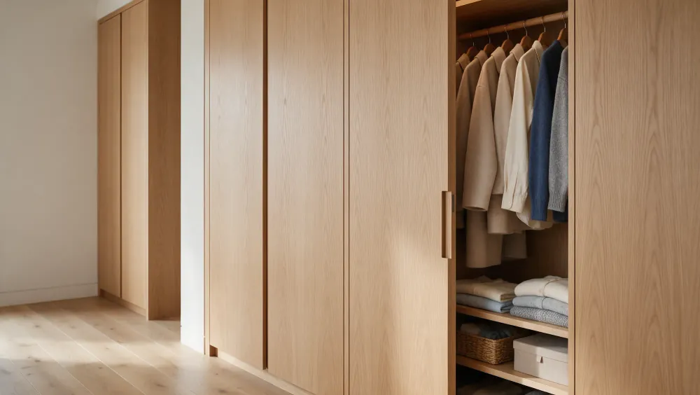 Built-in oak wardrobes, open to show hanging space