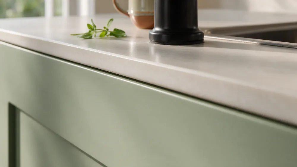A stone worktop against a sage-green cabinet front
