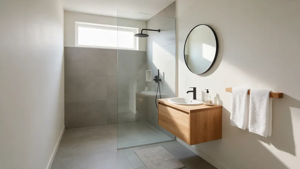A walk-in shower room with a timber vanity