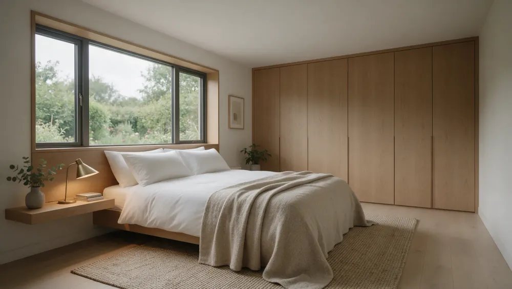 A double bedroom with a full-height timber wardrobe wall