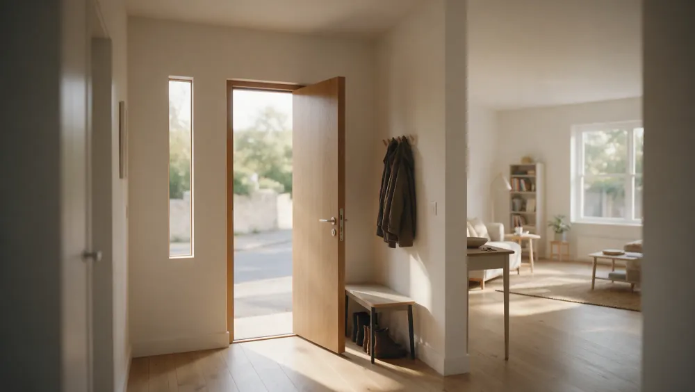 The entrance hall with coats hung beside the door