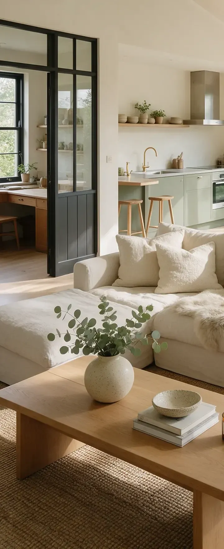 A linen sofa piled with cushions