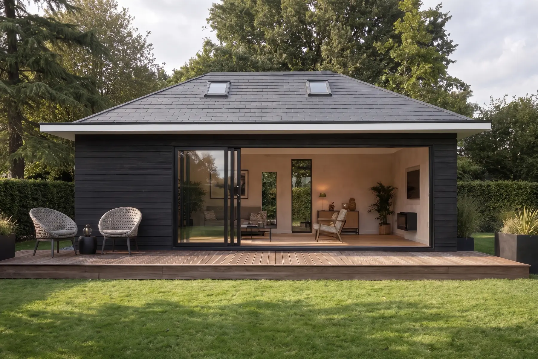 A NuaHome garden home with its doors slid open onto the deck