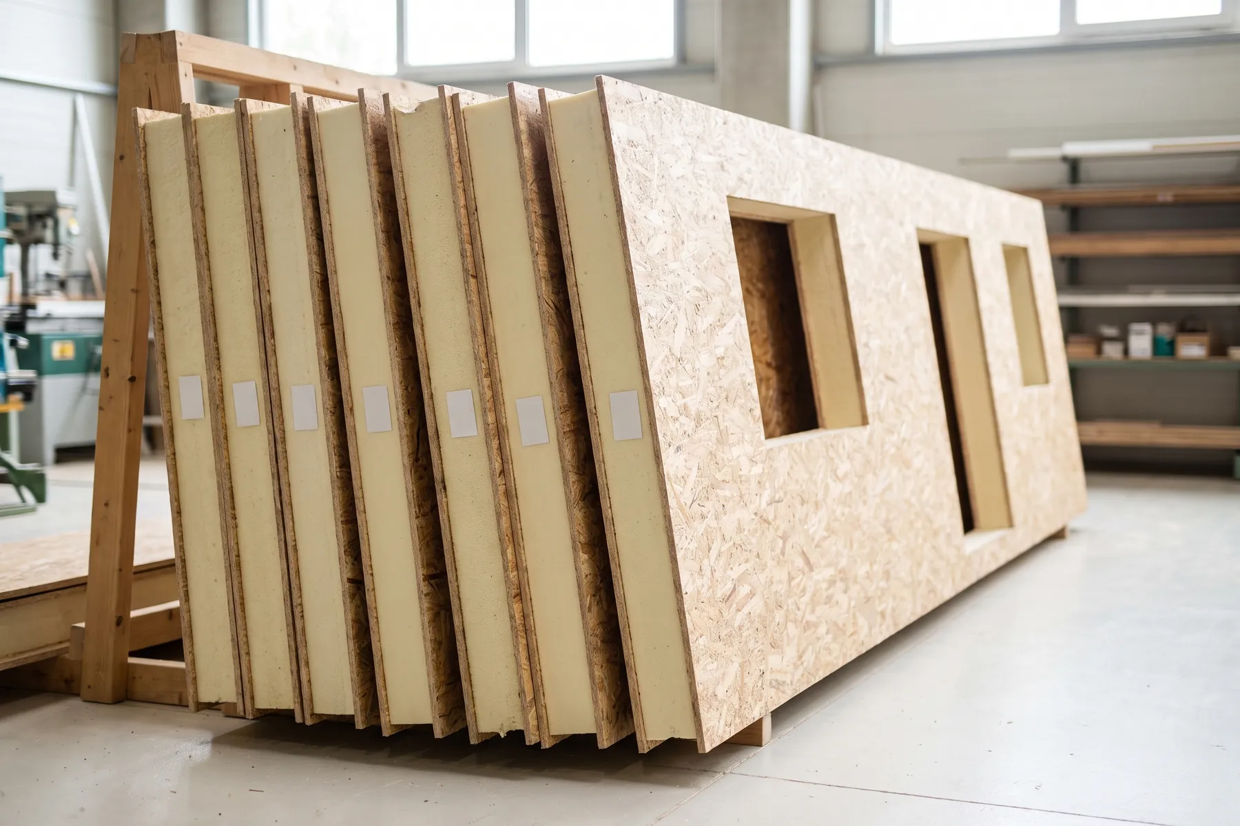 Wall panels cut to size and stacked in the workshop