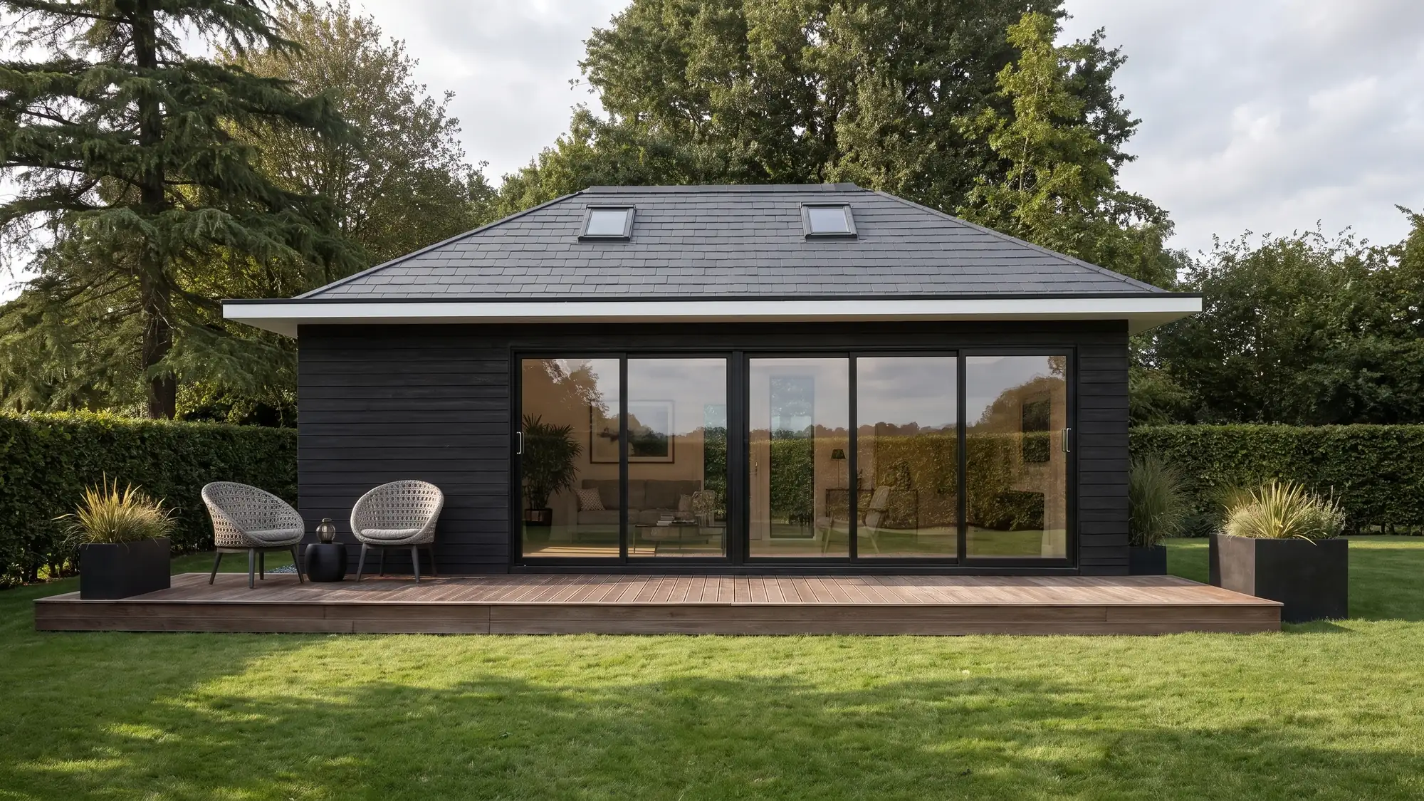 A detached NuaHome garden home with a tiled warm roof and full-width glazing.