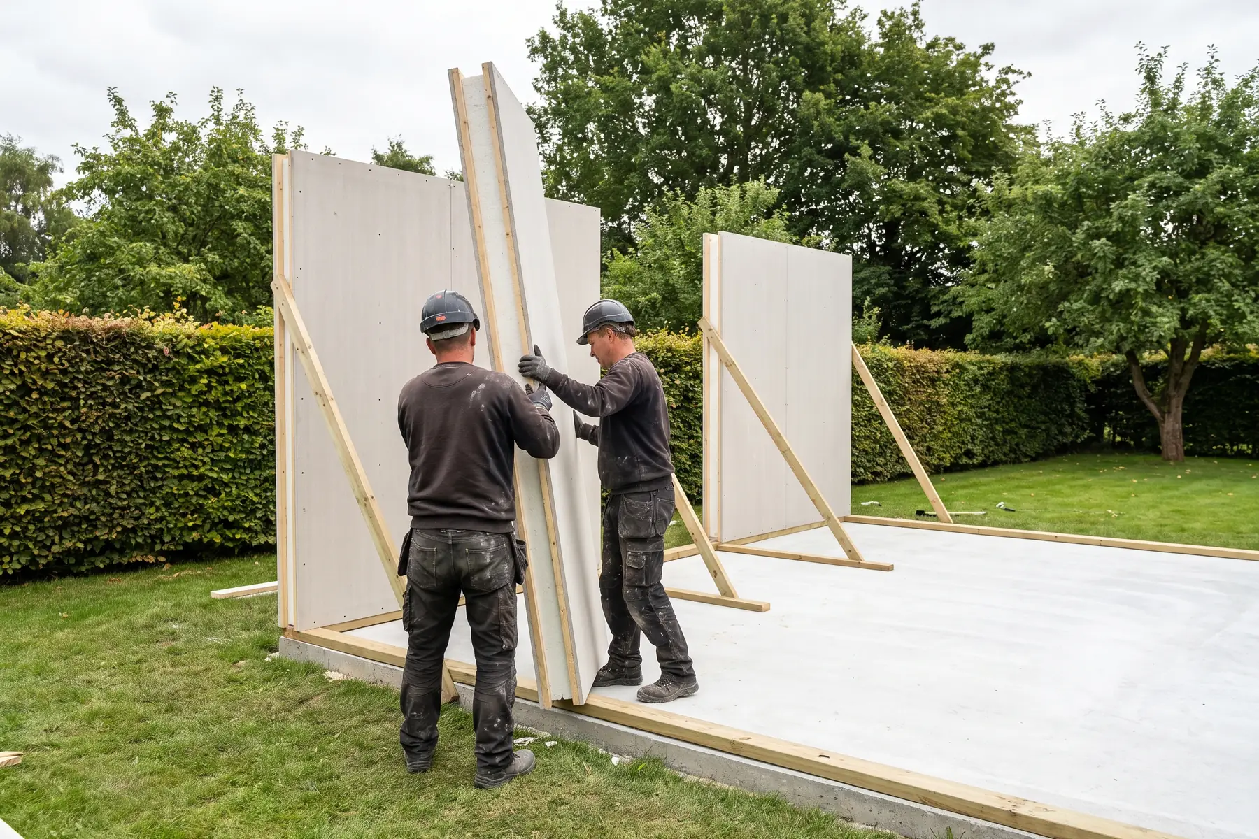 Installers raising a NuaHome wall panel on a prepared base