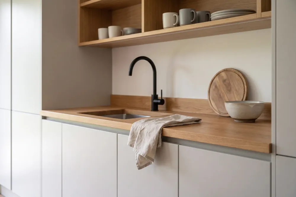 Oak worktop, undermounted sink and open shelving