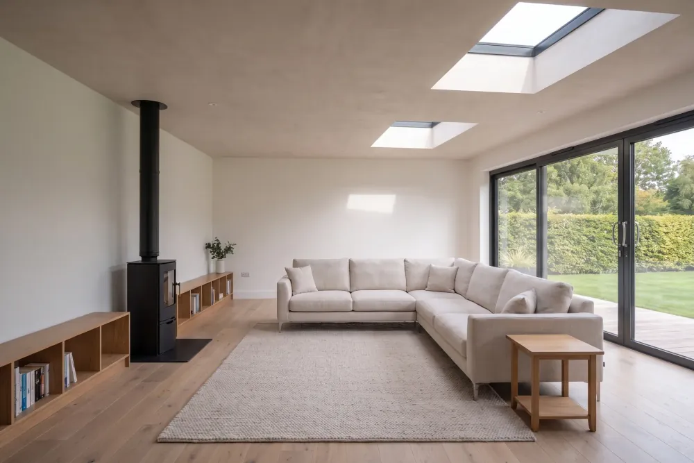 A sitting room with a wood burner and rooflights above