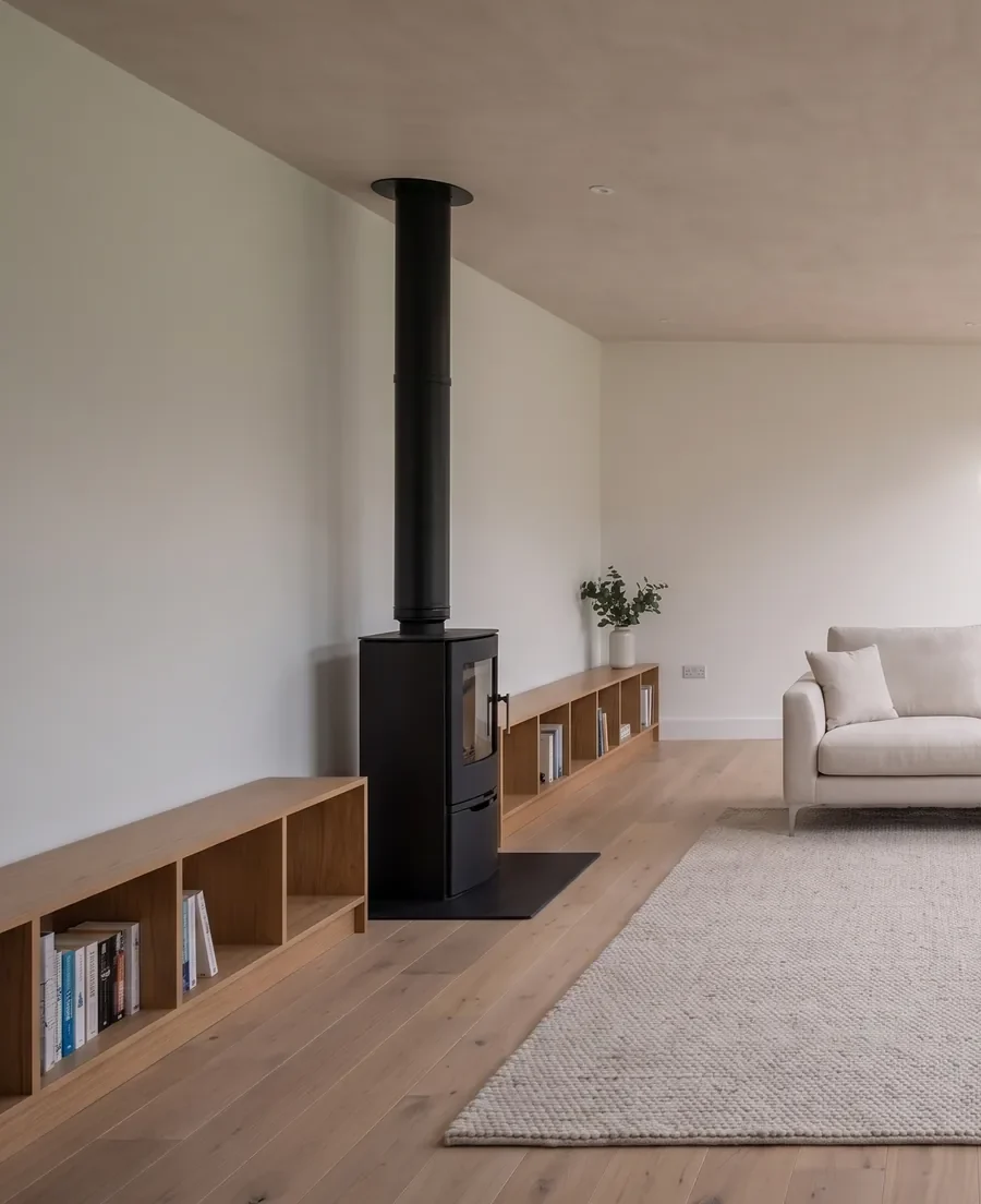 A NuaHome interior furnished as a quiet sitting room, with rooflights over a corner sofa and a wood burner.