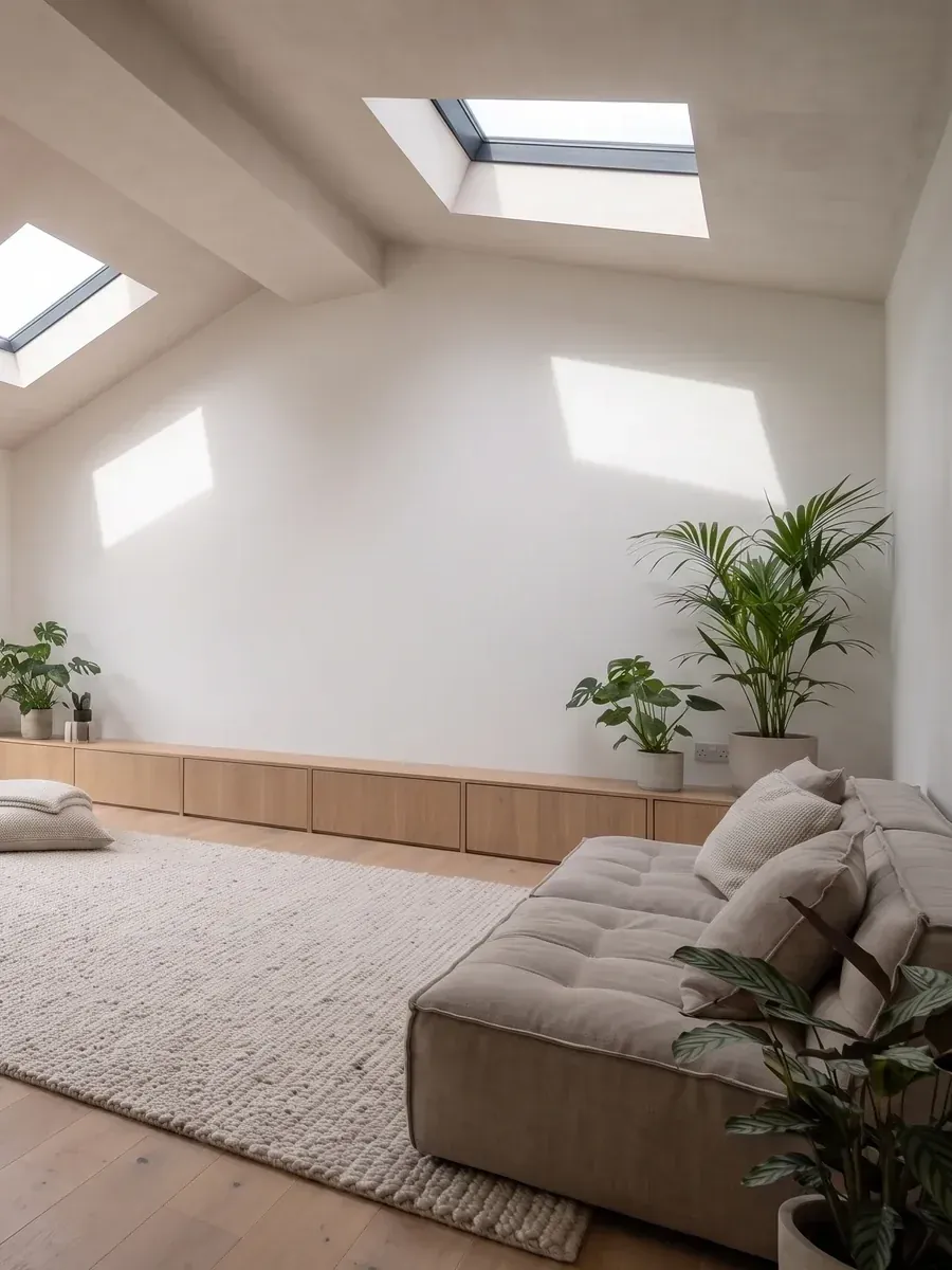 A low bench and cushions under a vaulted ceiling