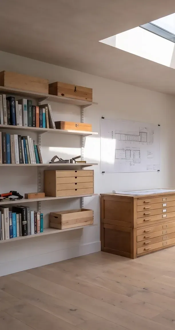 Shelving and a plan chest in a studio