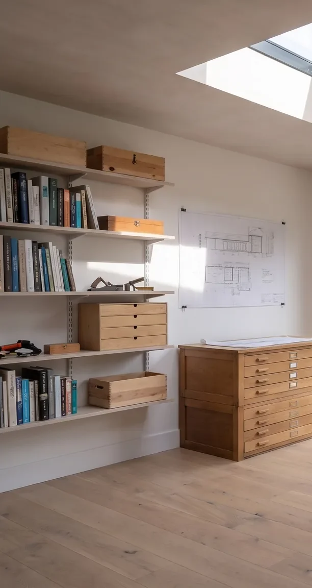 A NuaHome interior furnished as a studio, with shelving, a plan chest and a worktable.