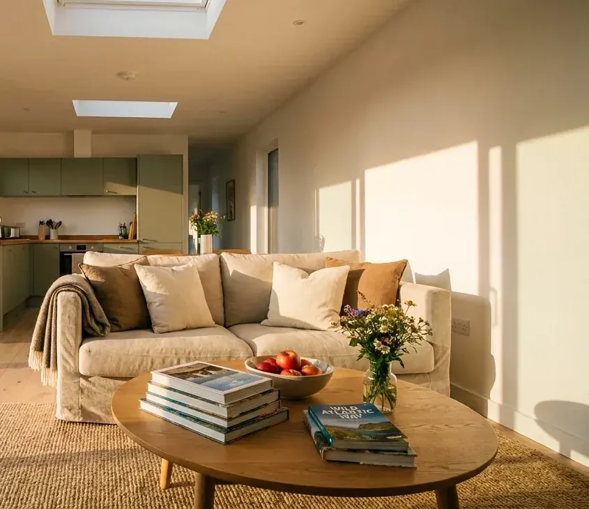 A sofa and coffee table with the kitchen behind