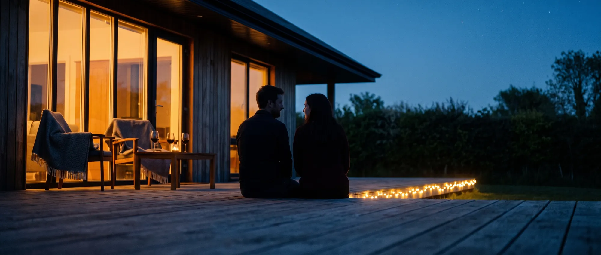 Two people on the deck of a NuaHome at dusk, the interior glowing warm behind them