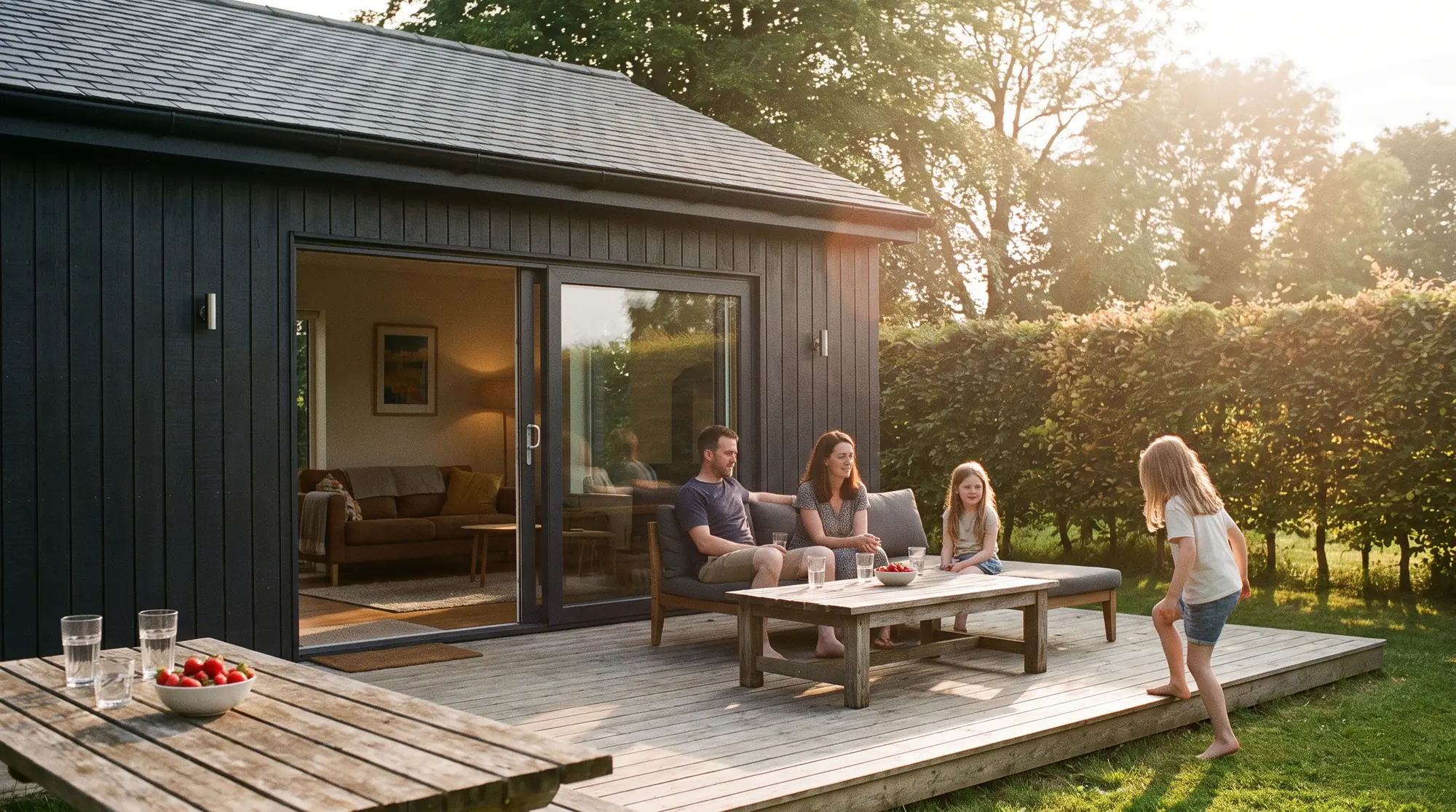 A family on the deck of a NuaHome on a summer evening, the doors slid open behind them