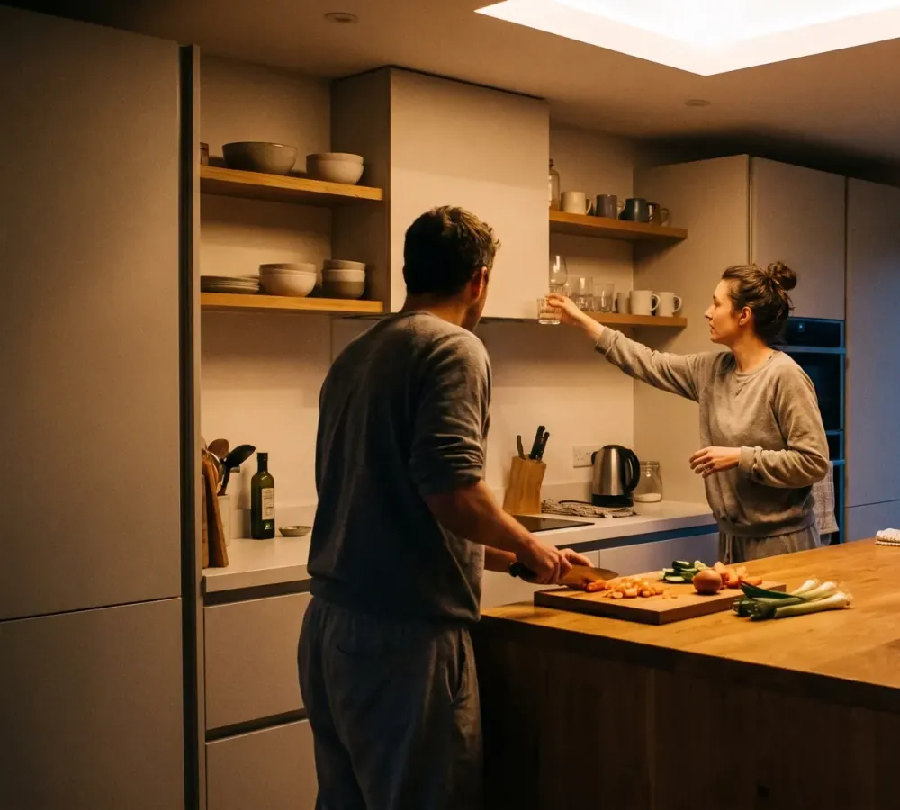 A couple cooking together at the island of a NuaHome kitchen in the evening