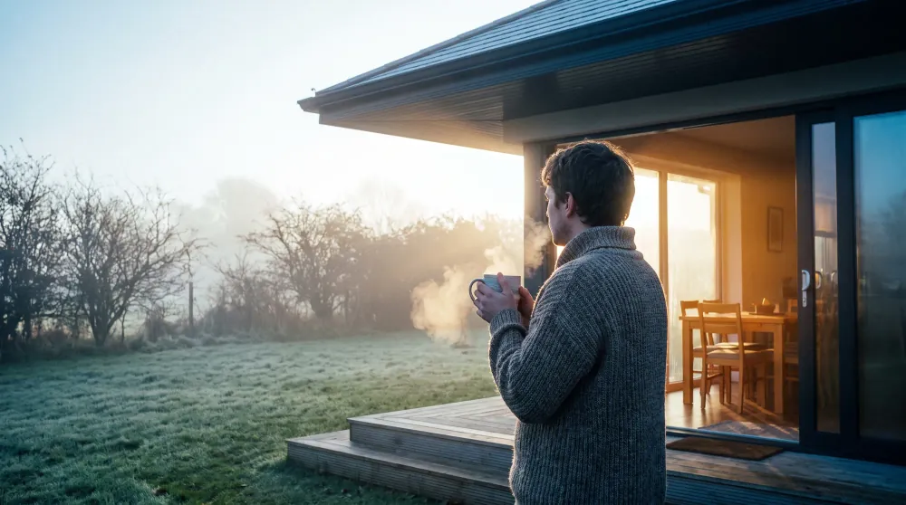 Someone standing at the open door of a NuaHome with a mug, mist across the lawn behind them.