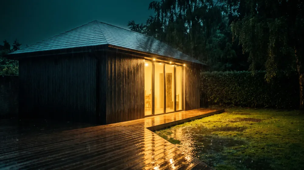 A NuaHome at night after rain, the deck wet and the glazing glowing warm.