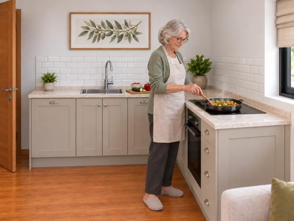 Someone cooking at the hob of a fitted NuaHome kitchen, with the sink, oven and worktop along the run.