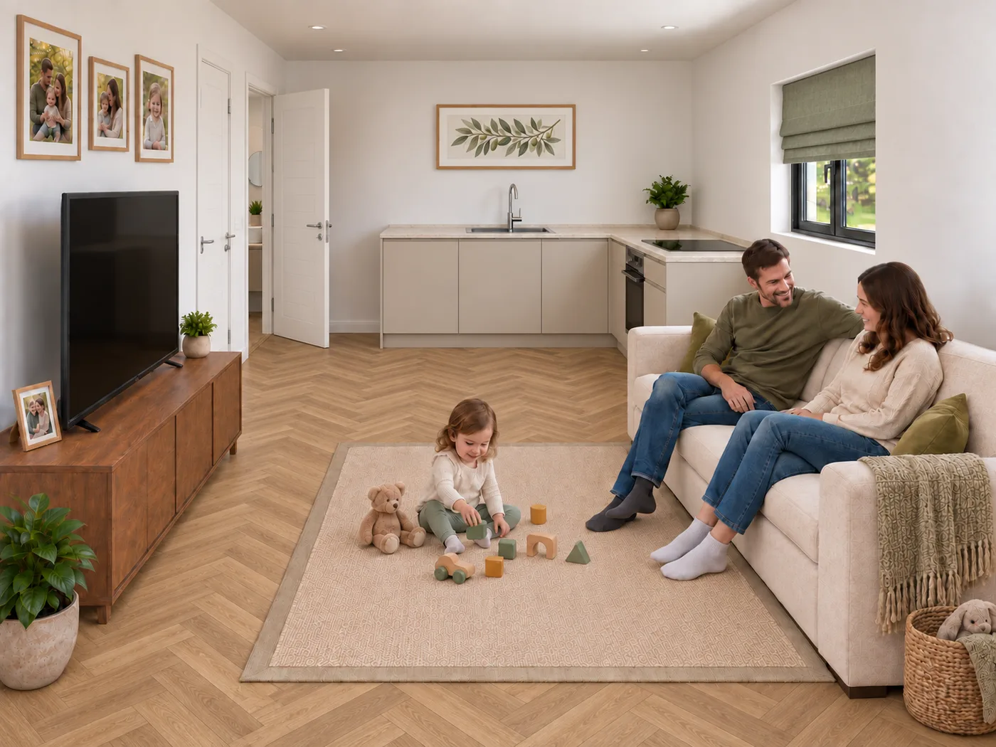 A family in the open-plan living space of a NuaHome, with a cream kitchen along the far wall and a child playing on the rug.