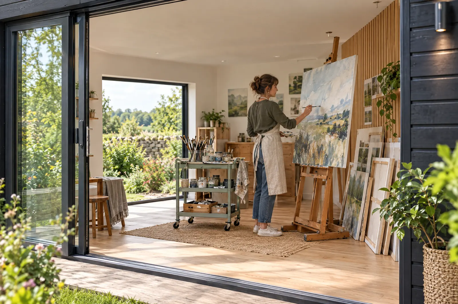 A woman painting a landscape at an easel in a garden art studio, canvases leaning against the wall.