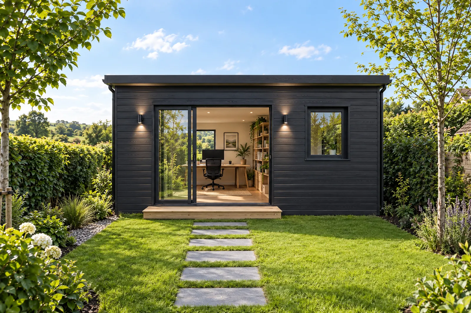 A small dark-clad NuaPod garden room at the end of a lawn, its sliding door open to an office inside.