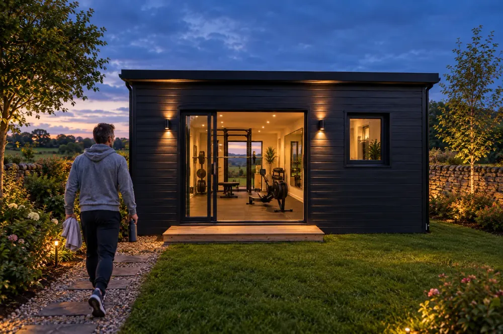 A NuaPod at dusk at the end of a garden, its doors open and the room inside lit.