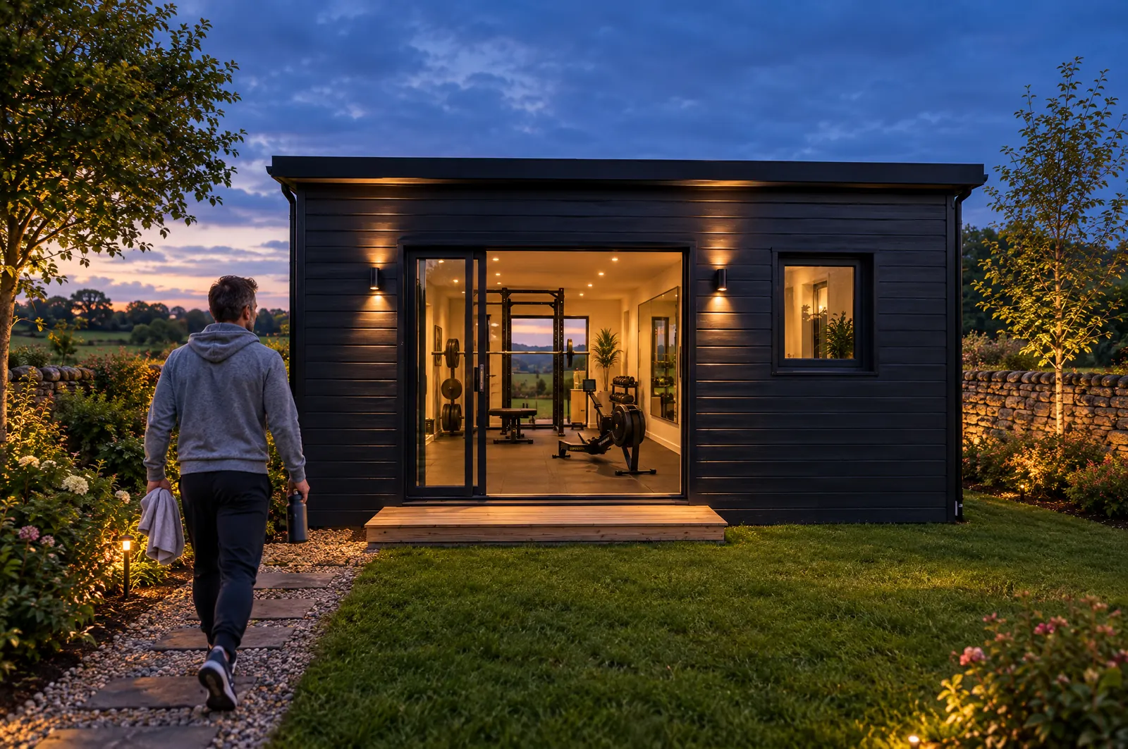 A man walking up a lit garden path at dusk to a NuaPod garden gym, the door open to a squat rack and rower.