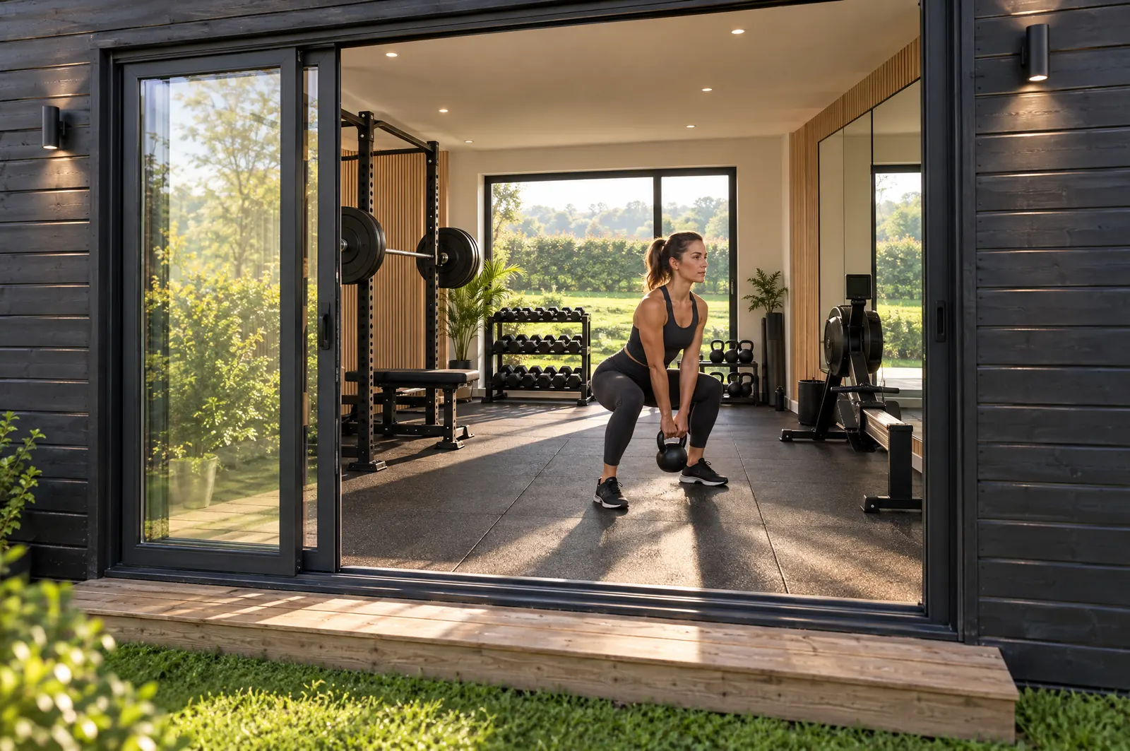 A woman training with a kettlebell in a NuaPod garden gym with a squat rack, dumbbells and a rowing machine.