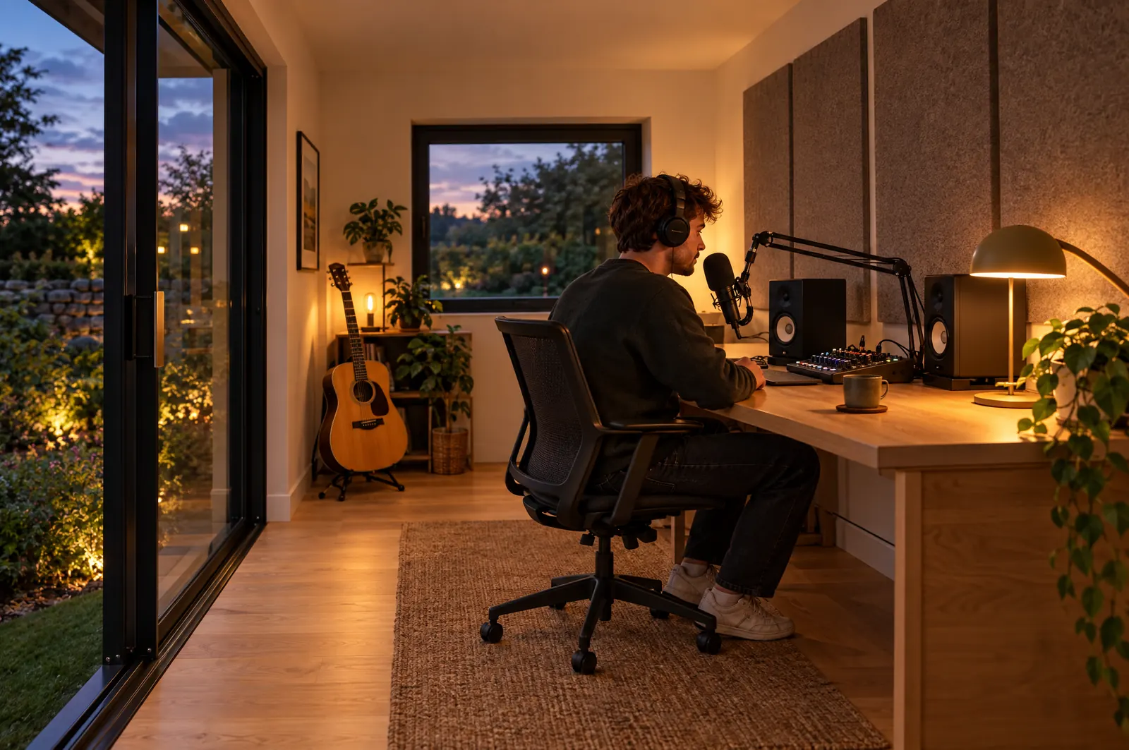 A young man with headphones recording at a desk with a microphone, monitors and a guitar in a garden music studio.