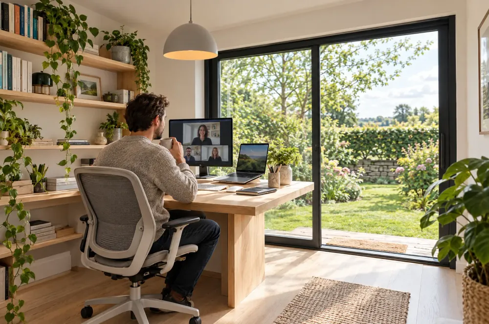 Someone working at a desk inside a NuaPod garden office, the garden through the glazing.