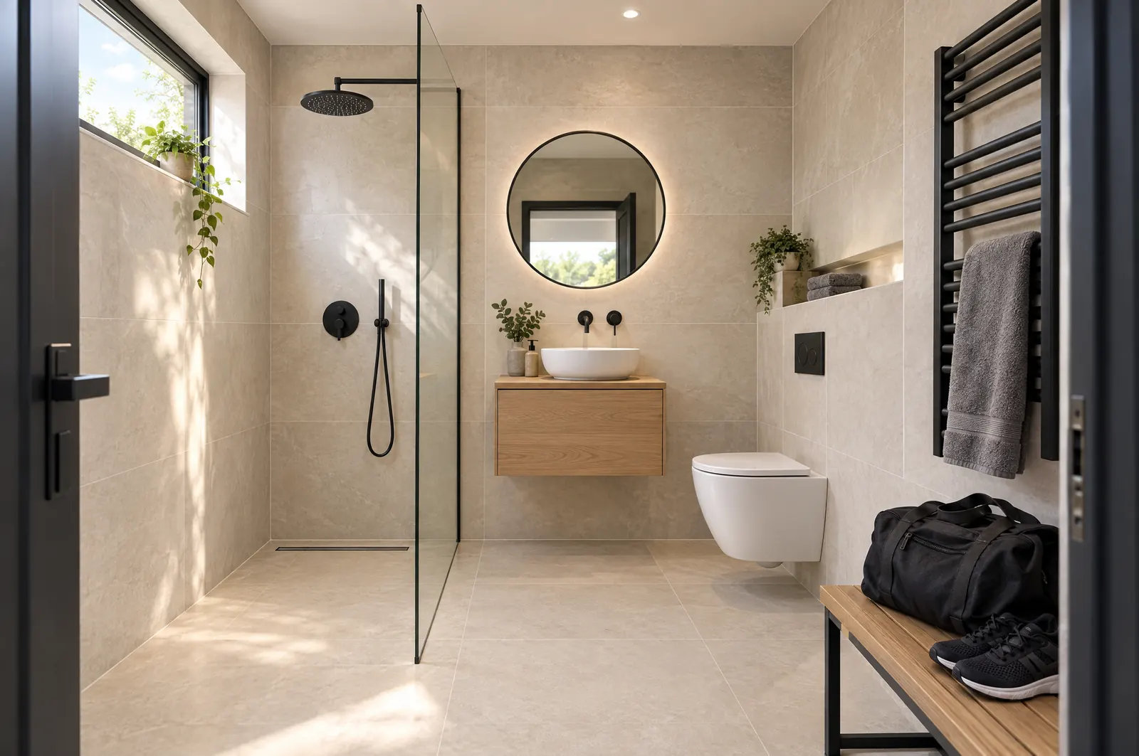 The tiled shower room of a NuaPod garden gym, with a walk-in shower, towel rail and a gym bag by the door.