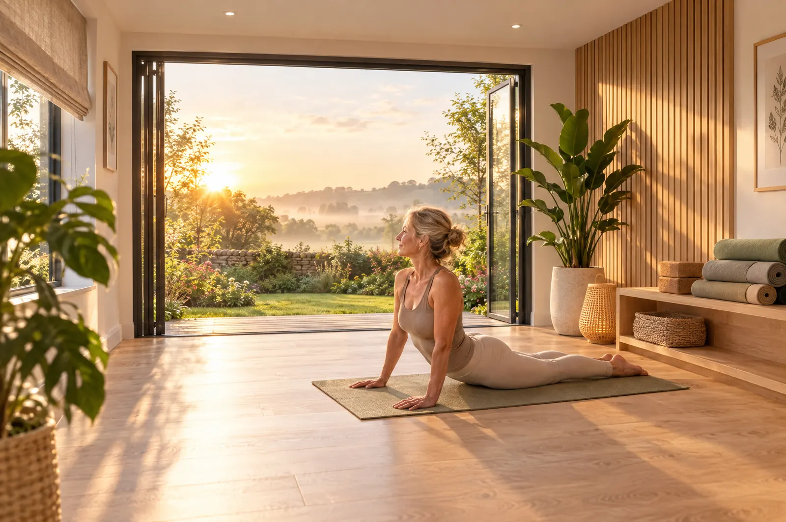 A woman holding a yoga pose on a mat in a bright garden studio, the doors open to a misty garden at sunrise.