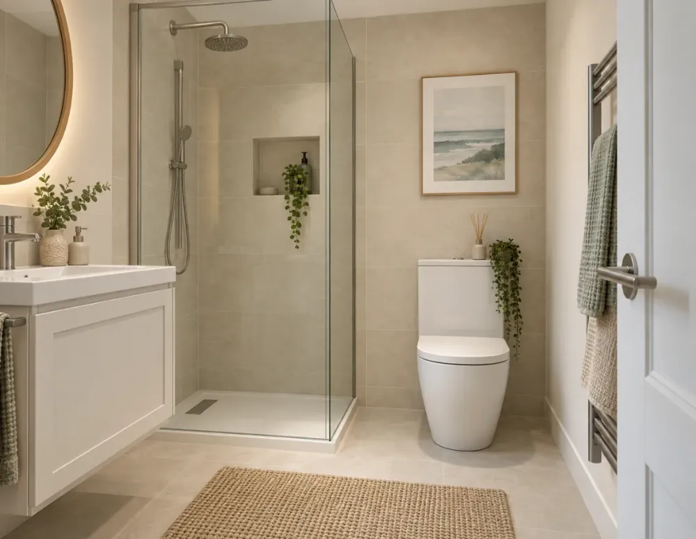 The fully tiled shower room of the 36 m² one-bedroom