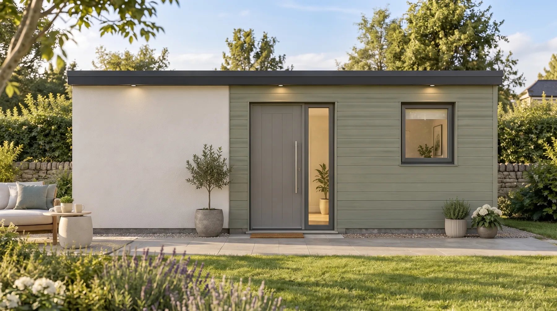 The 36 m² one-bedroom NuaHome, Coastal Calm, in warm-white render with sage cladding