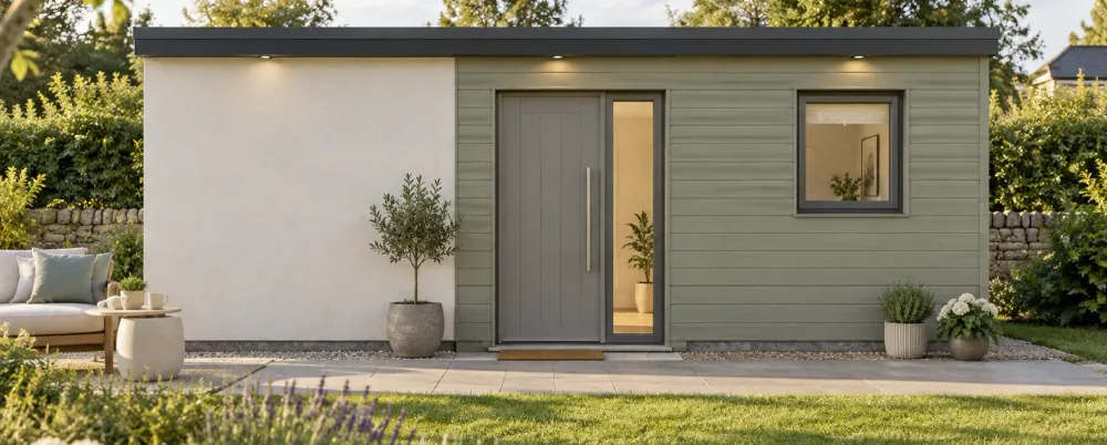 The 36 m² Coastal Calm, in warm-white render with sage cladding, seen across a lawn.