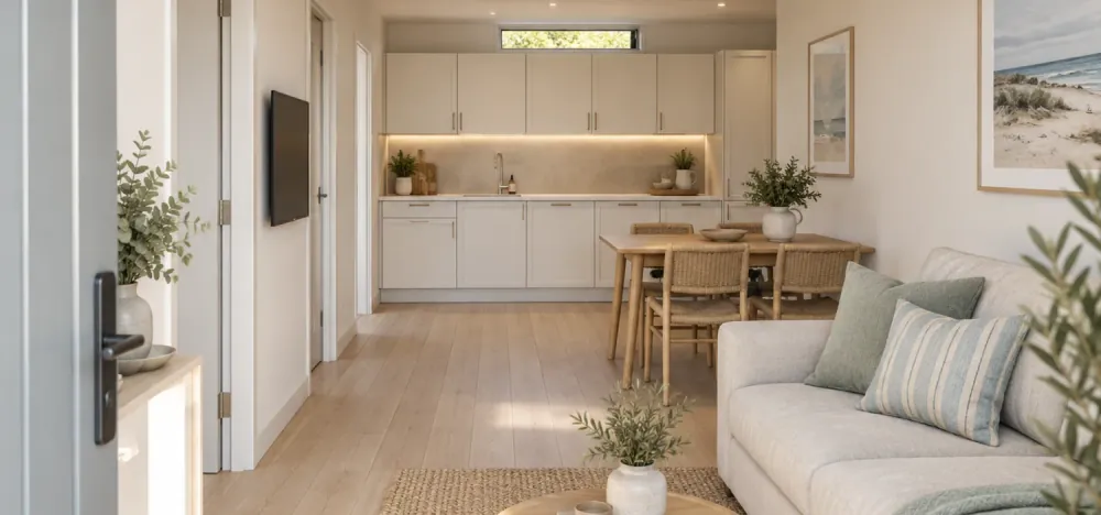 The living and kitchen of the 36 m² one-bedroom