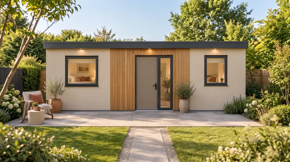 The 36 m² Natural Oak, in sand render with oak-effect cladding, seen from the patio.