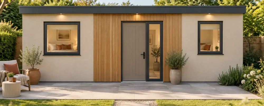 The front of the 36 m² two-bedroom NuaHome in oak-effect cladding, with its own front door.