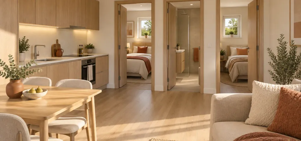 The kitchen and dining table of the 36 m² two-bedroom