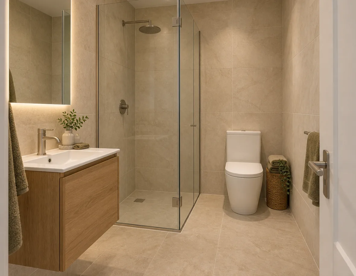The fully tiled shower room of a NuaHome, with a walk-in shower, WC and a timber vanity unit.