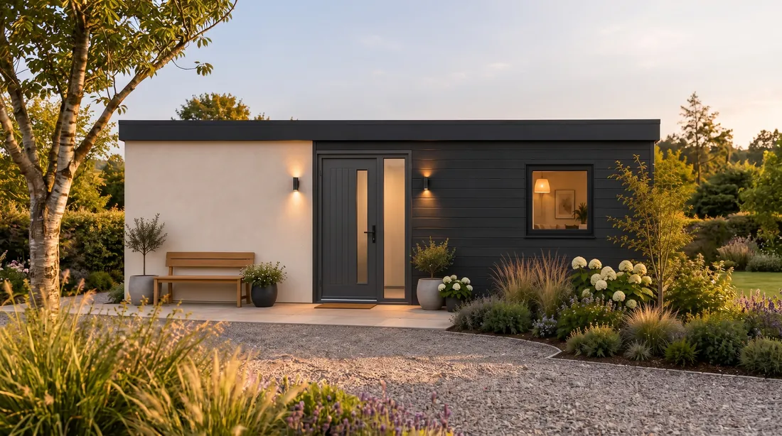 The 45 m² Warm Contemporary, in cream render with black horizontal cladding, lit at dusk.