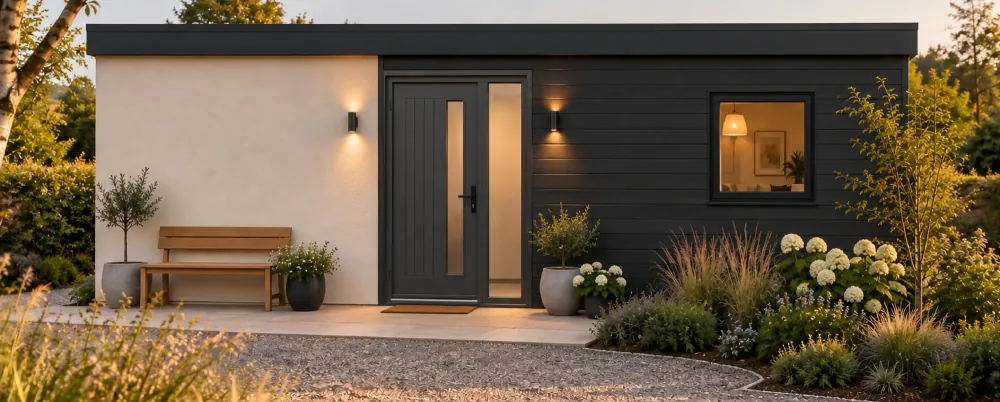 The front door of the 45 m² one-bedroom NuaHome at dusk, its windows lit.