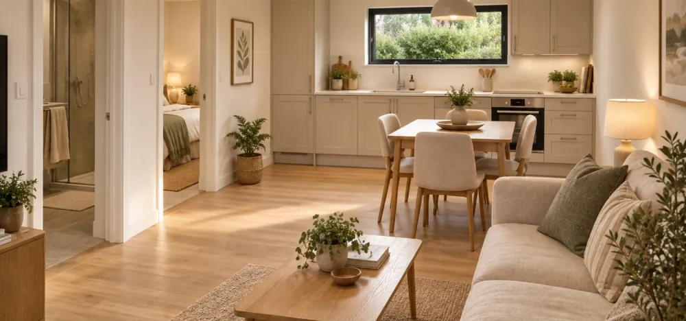 The kitchen, dining table and living area of the 45 m² one-bedroom NuaHome.