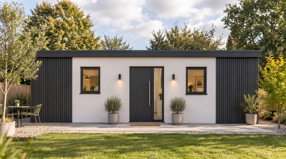 The 45 m² Modern Contrast, in chalk render with charcoal vertical cladding, seen across a lawn.